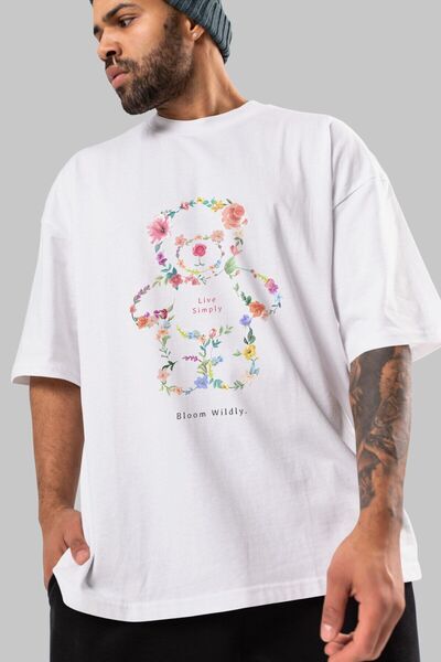 Ankhises Medvedić Cveće Prednja strana Štampano Bela Oversize kroj T-shirt Un...