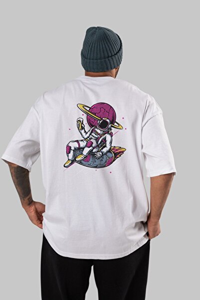 Ankhises Astronaut Pivo Leđa Štampano Bela Oversize kroj T-shirt Muškarci Žen...