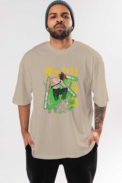 Ankhises CHAINSAWMAN DENJI Anime Front Štampano Bež Oversize kroj T-shirt Muš...