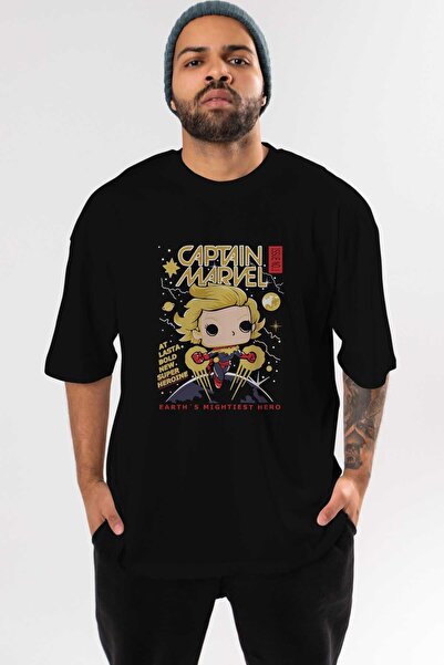Ankhises Tricou negru oversize Captain Marvel - Gât crew, bărbați și femei