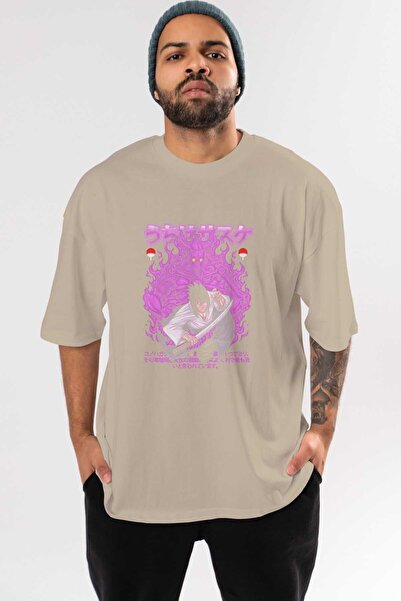 Ankhises Naruto Anime Sa deznom Sasuke Učiha Bež Oversize kroj T-shirt - Mušk...