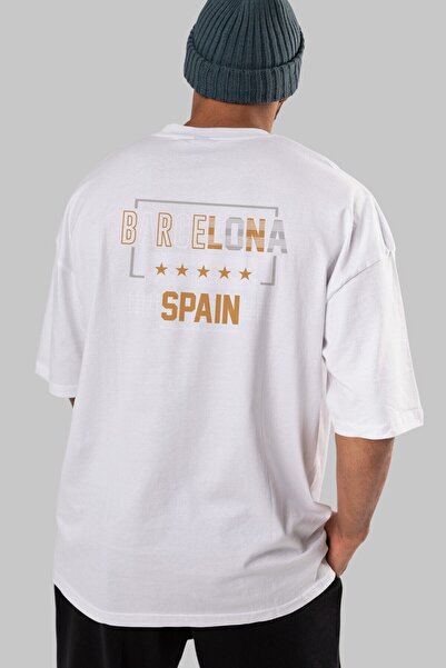 Ankhises تي شيرت برشلونة أبيض كبير الحجم مطبوع من الخلف للجنسين للرجال والنسا...