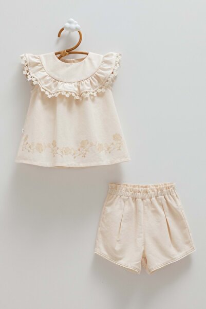 Caramell Mini Lady Flower Detail K Linen Top and Bottom Set Beige