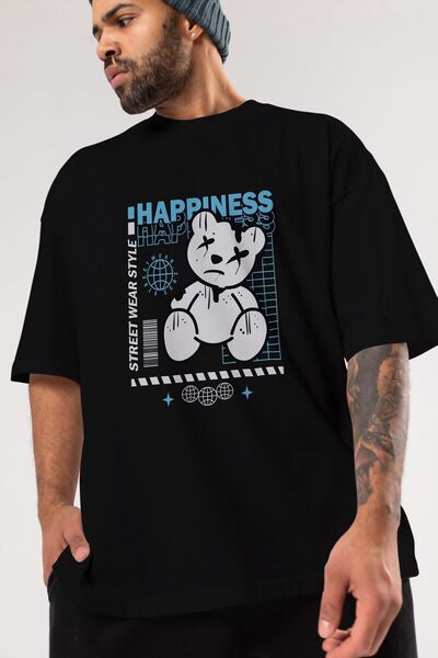 Ankhises Happiness Bear Front Štampano Crna Oversize kroj T-shirt Unisex Mušk...