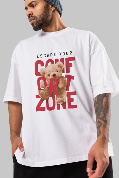 Ankhises Teddy Bear Escape Comfort Zone εμπρός εμπριμέ λευκό μπλουζάκι υπερμε...