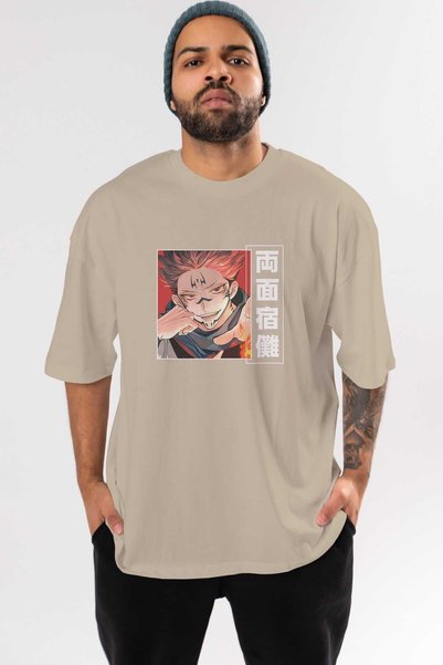 Ankhises Sukuna Ryoumen 4 Anime Prednja strana Štampano Bež Oversize kroj T-s...