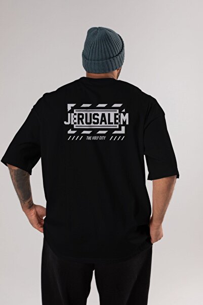 Ankhises Jerusalim Leđa Štampano Crna Oversize kroj T-shirt Unisex Muškarci Ž...