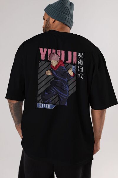 Ankhises Yuuji Itadori Anime Leđa Štampano Crna Oversize kroj T-shirt Muškarc...