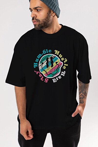 Ankhises Stay Humble Front Štampano Crna Oversize kroj T-shirt Unisex Muškarc...