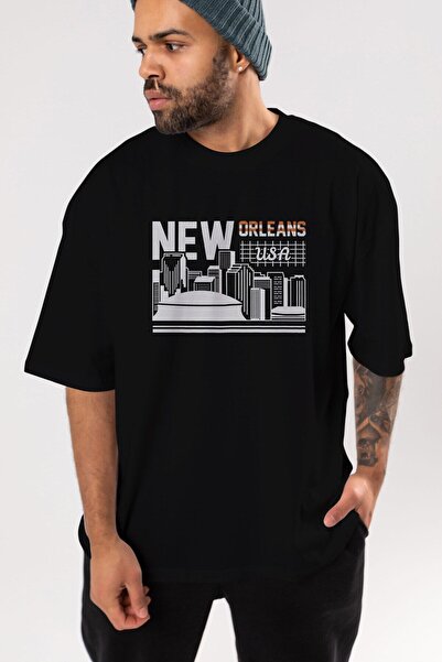 Ankhises New Orleans Front Štampano Crna Oversize kroj T-shirt Unisex Muškarc...