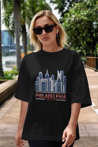 Ankhises Philadelphia Front Štampano Crna Oversize kroj T-shirt Unisex Muškar...