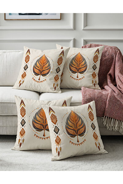 Sakallı Ethnic Bohemian Leaf Pattern Beige Background Digital Printed Decorat...