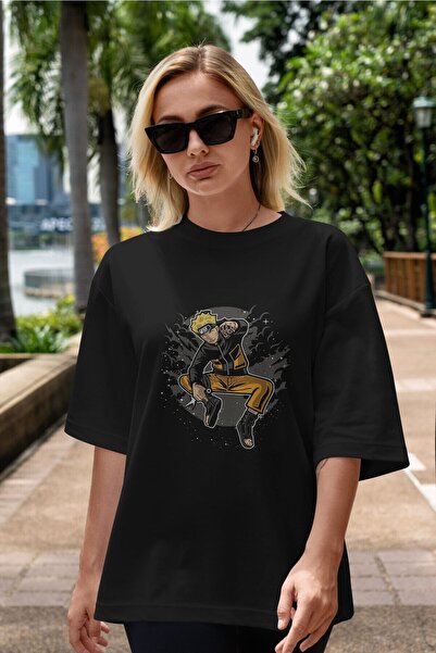 Ankhises Tricou supradimensionat negru cu imprimeu frontal NARUTO, unisex, pe...