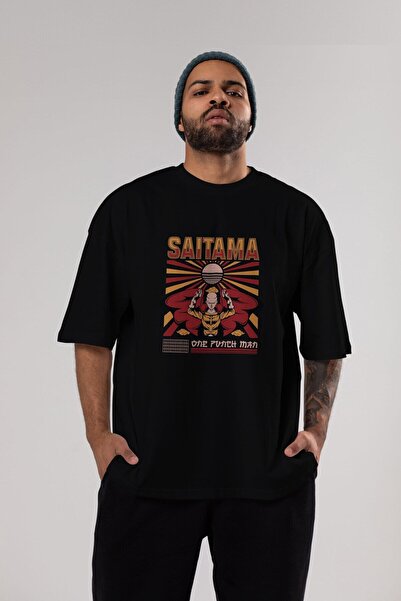 Ankhises Tricou supradimensionat negru cu imprimeu în față Saitama, unisex, p...
