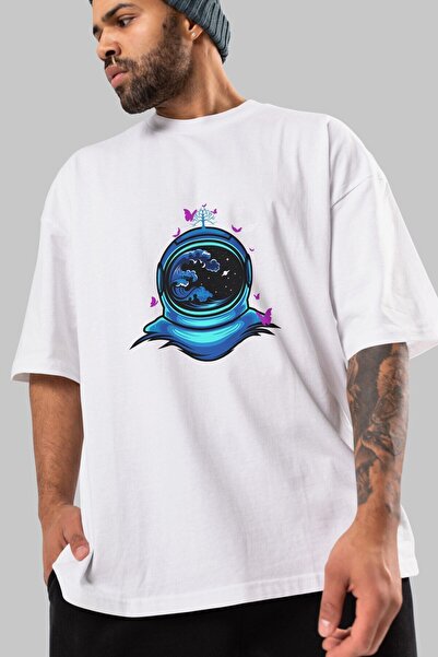 Ankhises Bela Oversize kroj T-shirt - Astronaut i leptir prednja strana Štamp...