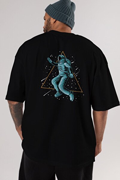 Ankhises Unisex astronaut zvezdani trougao Oversize kroj crna T-shirt - okrug...