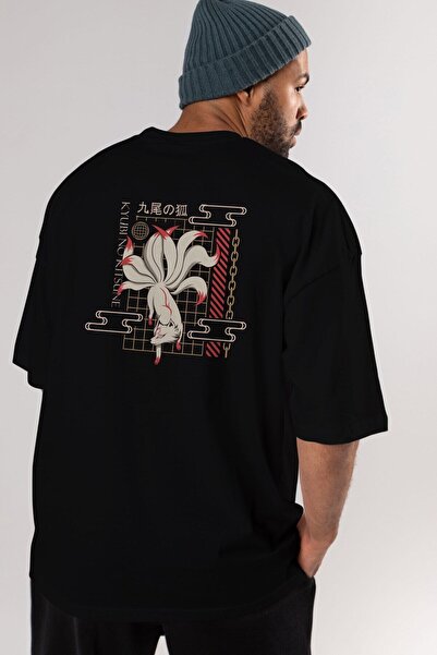 Ankhises Kyubi No Kitsune Back Štampano Crna Oversize kroj T-shirt Unisex Muš...