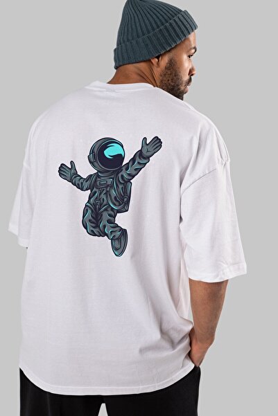 Ankhises Srećan Astronaut Leđa Štampano Bela Oversize kroj T-shirt Unisex Muš...