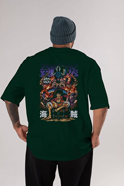 Ankhises MONKEY D. LUFFY 2 Anime Back Štampano Emerald Green Oversize kroj T-...
