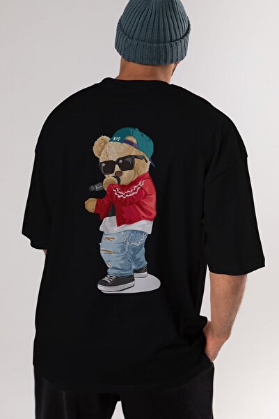 Ankhises Pevač Teddy Bear Back Štampano Crni muškarci Žene okrugla kragna Ove...