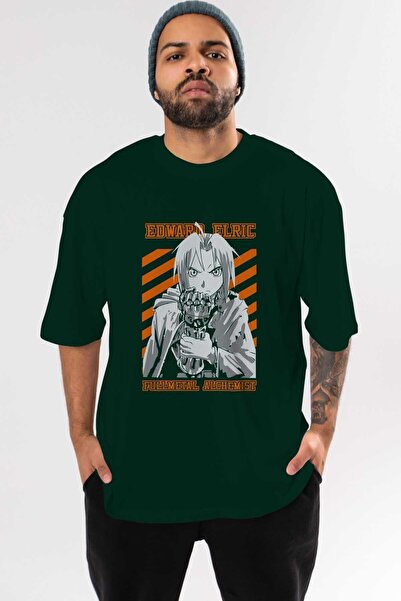 Ankhises EDWARD ELRIC Anime Front Štampano Emerald Green Oversize kroj T-shir...