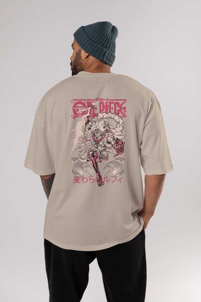 Ankhises MONKEY D. LUFF-ONE PIECE 1 Anime Back Printed Beige Oversize t-shirt 100% cotton Men Women