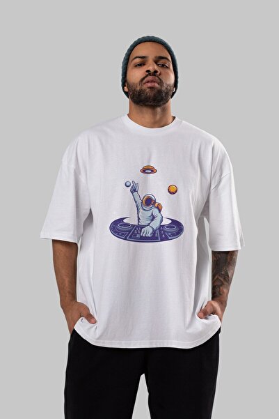 Ankhises Astronaut Disk Jockey Prednja strana Štampano Bela Oversize kroj T-s...