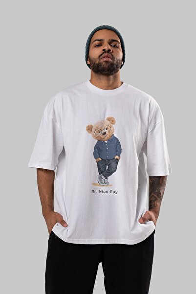 Ankhises Teddy Bear Mr. Nice Guy μπροστινό εμπριμέ λευκό μπλουζάκι υπερμεγέθη...