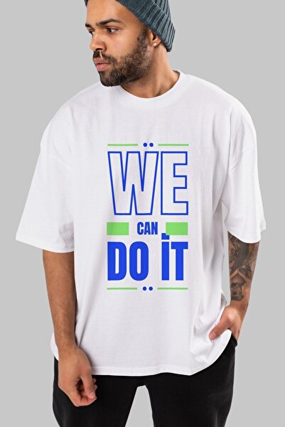 Ankhises Možemo to uraditi Prednja strana Štampano Bela Oversize kroj T-shirt...