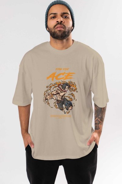 Ankhises Fire Fist Ace Anime Front Štampano Bež Oversize kroj T-shirt Muškarc...