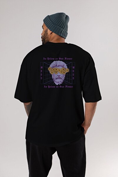 Ankhises Unisex crna Oversize kroj T-shirt - Žuta kao suncokret, okrugla kragna