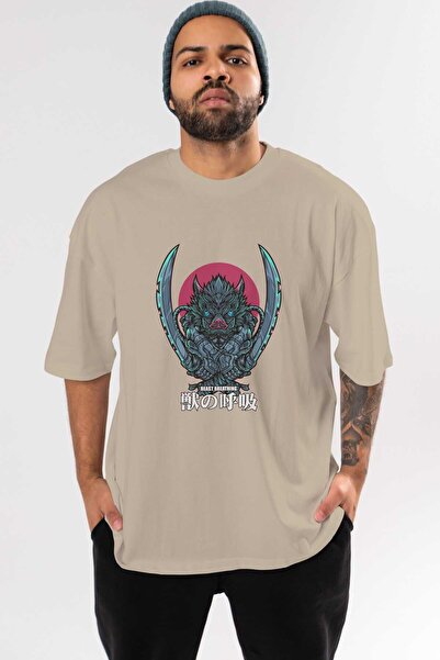 Ankhises DEMON SLAYER Inosuke Anime εμπριμέ μπεζ μπλουζάκι μεγάλου μεγέθους -...