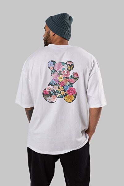 Ankhises Flowers Bear Back Printed Λευκό μπλουζάκι Oversize Unisex Ανδρικό Γυ...