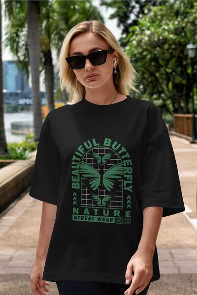 Ankhises Prelepi leptir prednji Štampano crni Oversize kroj T-shirt unisex mu...