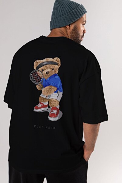 Ankhises Teddy Bear Play Hard Back Štampano Crni Muškarci Žene okrugla kragna...