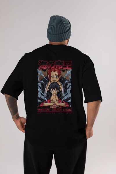 Ankhises MONKEY D. LUFFY i SHANKS Anime Leđa Štampano Crna Oversize kroj T-sh...