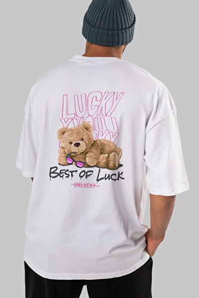 Ankhises Najbolje od Lucky Bear Back Štampano Bela Oversize kroj T-shirt Unis...