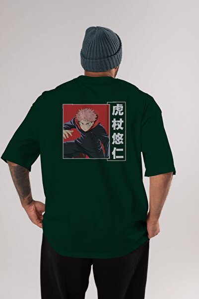 Ankhises Yuuji Itadori 2 Anime Back Štampano Emerald Green Oversize kroj T-sh...