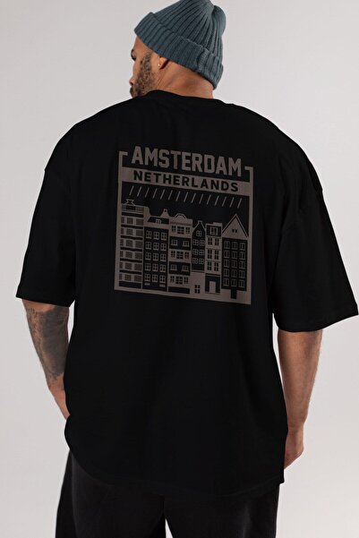 Ankhises Amsterdam Back Štampano Crna Oversize kroj T-shirt Unisex Muškarci Ž...
