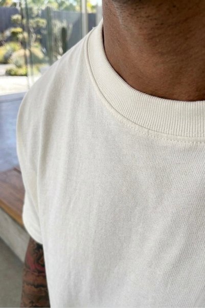 assef Men's Oversize Wide Cut 100% Cotton Thick Textured Basic Crew Neck Ecru T-Shirt