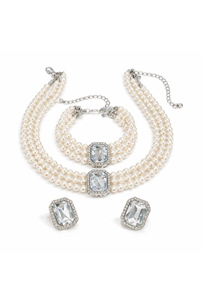 Pursehuit Set colier choker, cercei și brățară, culoare argintie, cu perle și...