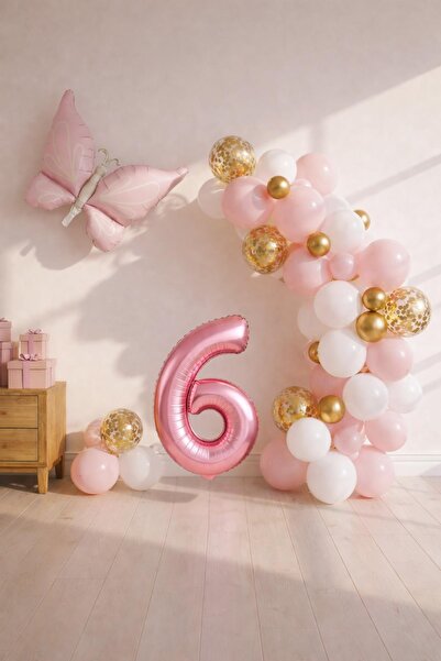 Patladı Gitti Kelebek Temalı Pembe 6 Yaş Doğum Günü Balon Seti – Pembe Gold B...