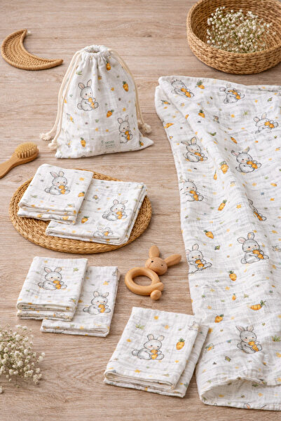 MORE HOME Multi-Purpose Muslin Cloth Blanket Set 6 Pieces Carrot-Rabbit Patte...