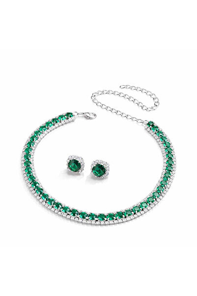 Pursehuit Set colier și cercei, culoare argintie, cu pietre de zirconiu verde...