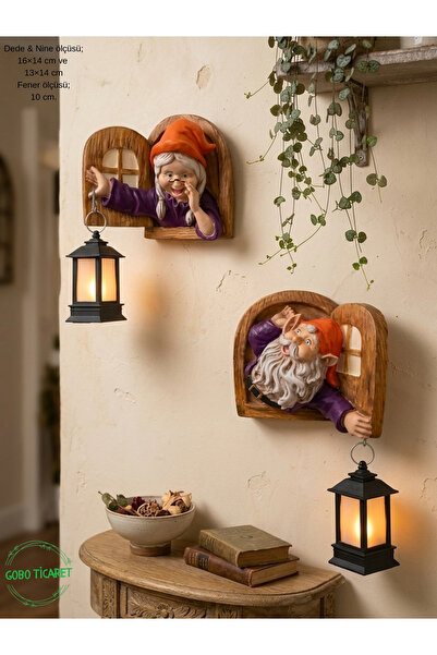 Gobo Fenerli Dekoratif Cüce Figürlü Dede ve Nine 2li Set Duvar ve Kapı Lambas...