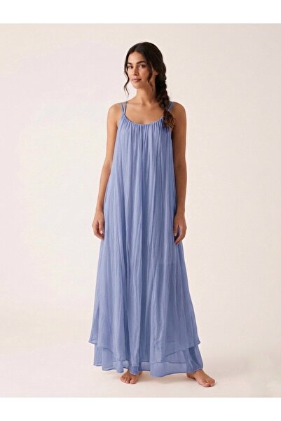 MADE İN ITALY فستان من الحرير الإيطالي مبطن من الداخل باللون الأزرق