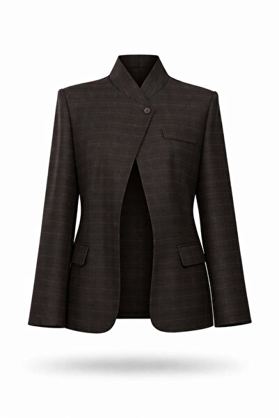 5in1Canpolat Brown Stand Collar Checkered Jacket 4103