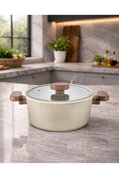 LAVONNI Valeria 24 cm Granite Deep Pot with Silicone Edged Glass Lid - Cappucino