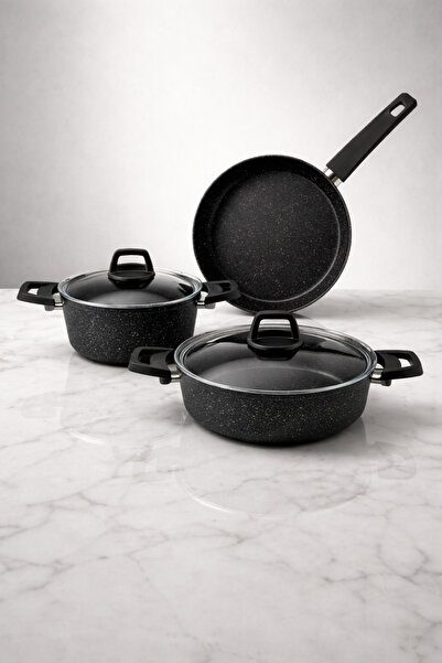 LAVONNI طقم أواني طهي من الجرانيت المطحون من دارك ستون - 5 قطع - أسود - 20 طب...