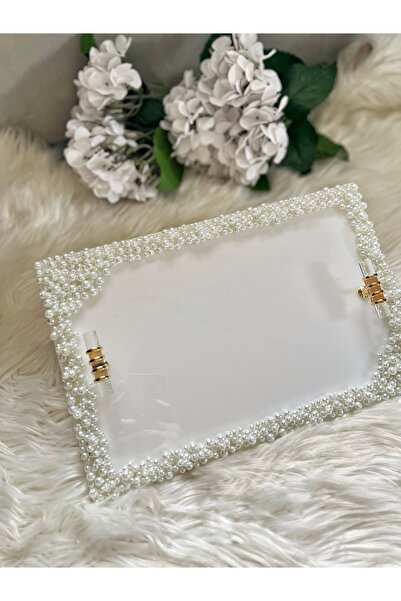 RESİNARTSHOP Epoksi Tepsi Nişan Tepsisi Full İncili Dikdörtgen Gold 20x40 cm